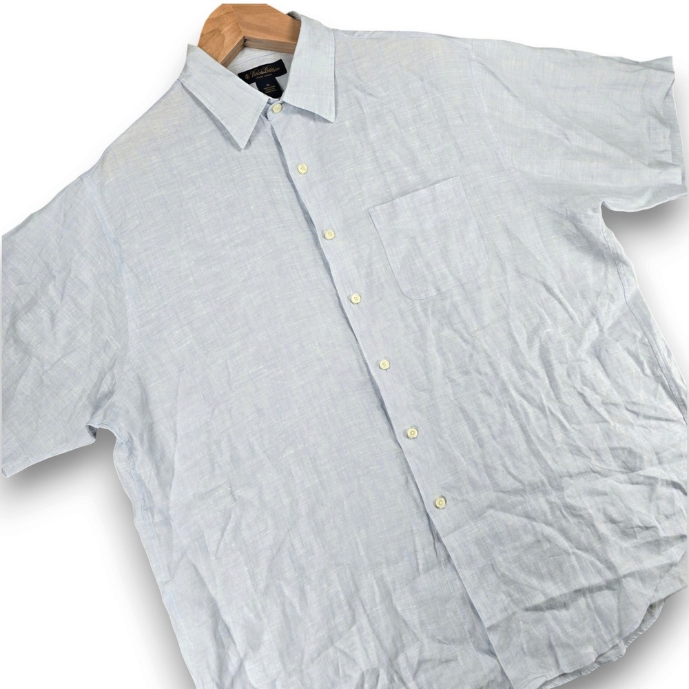 Brooks Brothers Mens XL Irish Linen Shirt Short Sleeve Blue Button Up Pocket